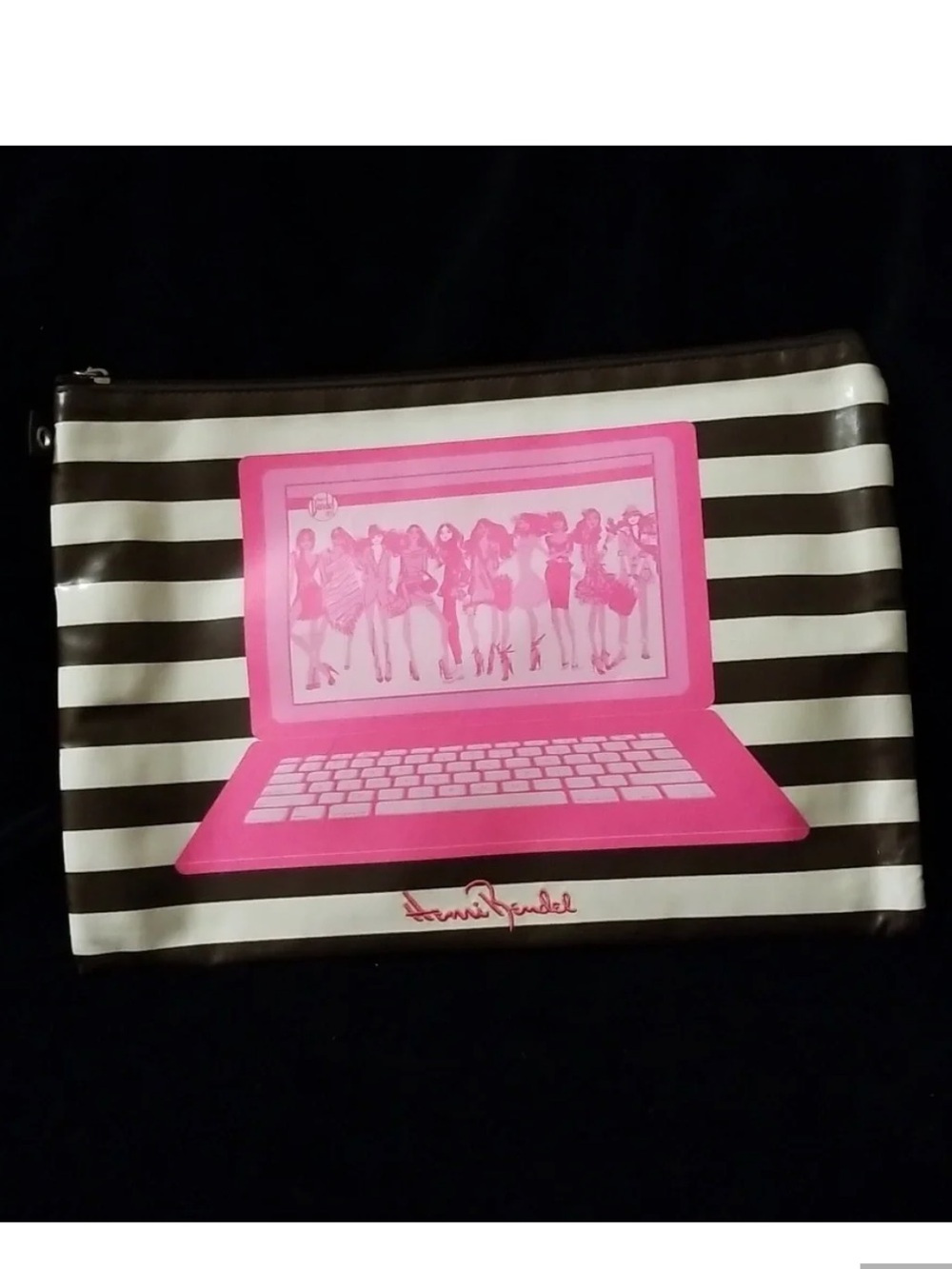 henri bendel Black and White Striped Cosmetic Pouch with Pink Laptop Motif